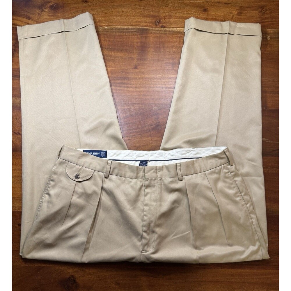 Polo Golf Ralph Lauren Men 42x30 Beige Pleated Cuffed Performance Chino Pants